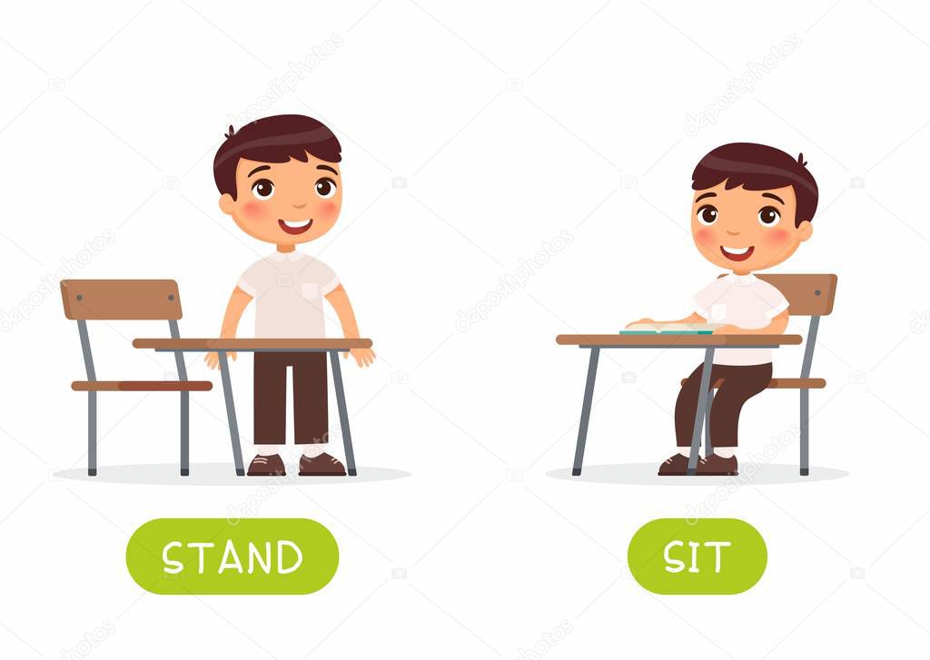 Educational word card with schoolkid vector template. Flash card for foreign language with school student. Opposites concept, stand and sit. Little schoolboy flat illustration with typography