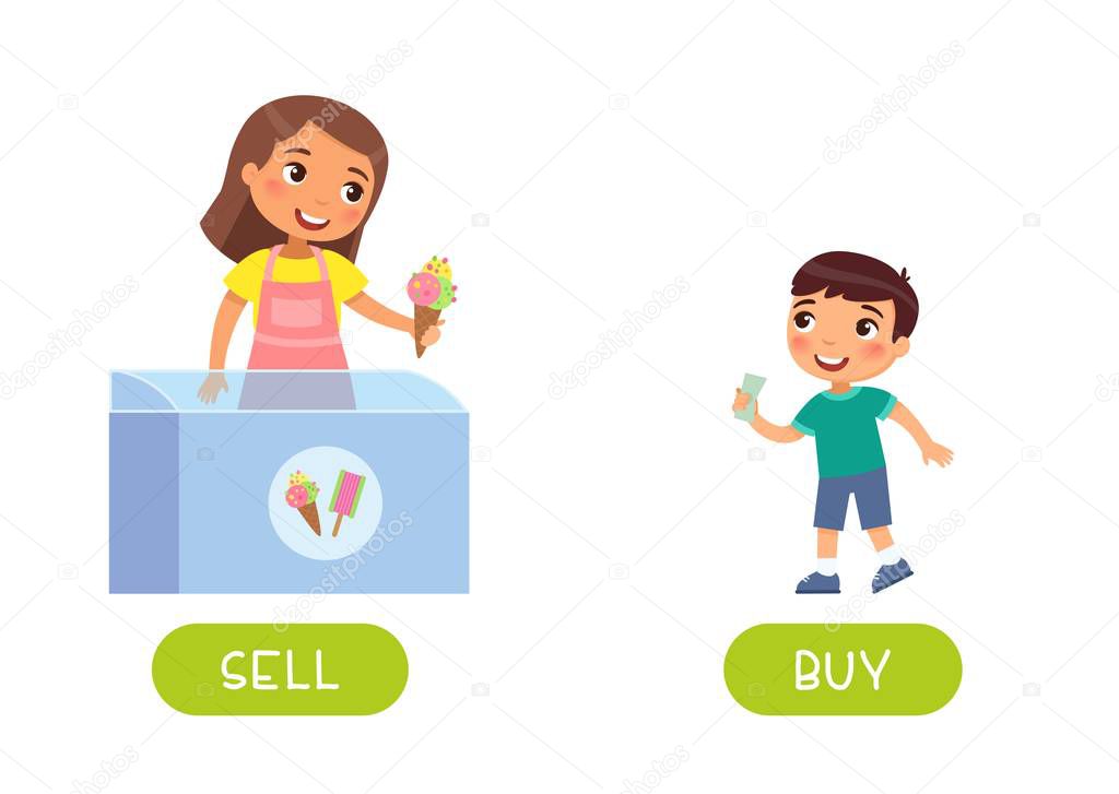 Flashcard with antonyms for children vector template. Word card for language learning. Opposites concept, sell and buy. Little kid purchasing ice cream flat illustration with typography