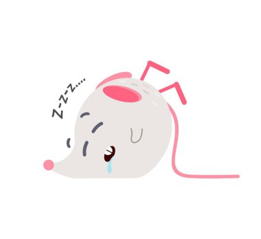 Tatlı uyuyan fare yaratıcı düz vektör çizimi. Beyaz arka planda uyuyan sevimli kemirgen. Kawaii 2020 yıldır maskotluk yapıyor. Yorgun, bitkin fare çizgi film karakteri