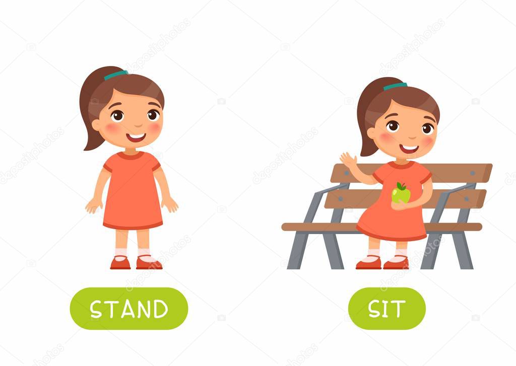 Educational flash card with little child template. Word card for english language learning with opposites. Antonyms concept, stand and sit. Happy little girl flat vector illustration with typography