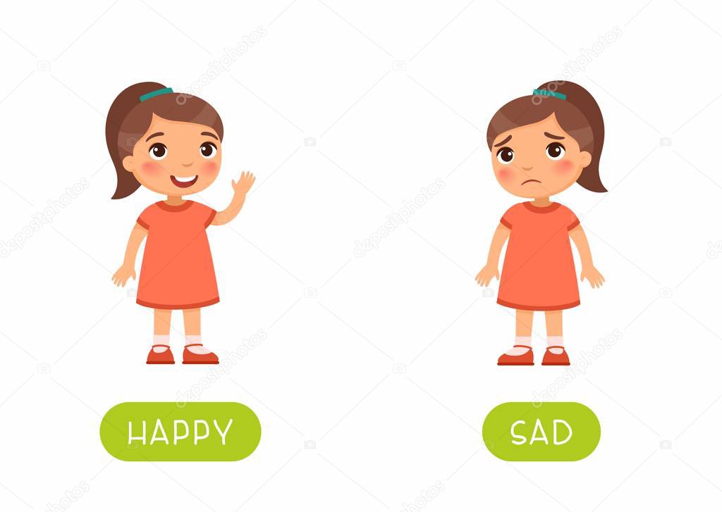 Childish word card with opposites vector template. Flash card for foreign language with little child. Mood concept, happy and sad. Smiling and unhappy little girl flat illustration with typography