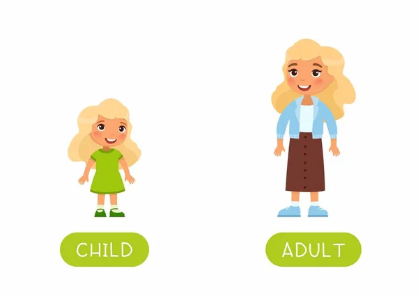 外语教育闪存卡矢量模板 英语学习用的卡片 相反的 年龄的概念 成人和儿童 长大成人的妇女和小女孩的平面插图与排版 — 图库矢量图片