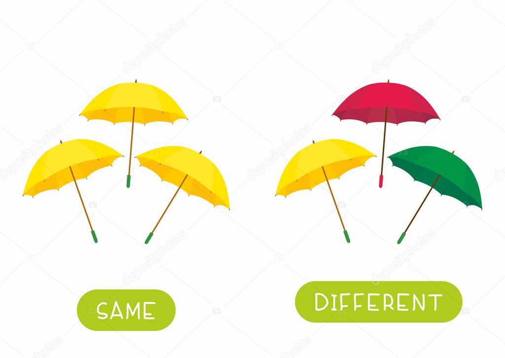 Educational word card for children vector template. Flash card for language studying with umbrellas. Antonyms, diversity concept. Same and different umbrellas flat illustration with typography