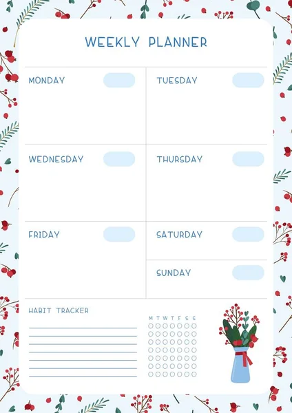 Blank Weekly Planner Vector Template Empty Winter Themed Personal Organizer — Stock Vector