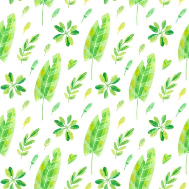 Yaz mevsimi havası kusursuz. - Egzotik orman yaprakları, yapraklar, bitkiler. Tropik egzotik yeşiller suluboya çizimleri. Duvar kağıdı, ambalaj kağıdı tasarımı, tekstil, hatıra defteri, dijital kağıt