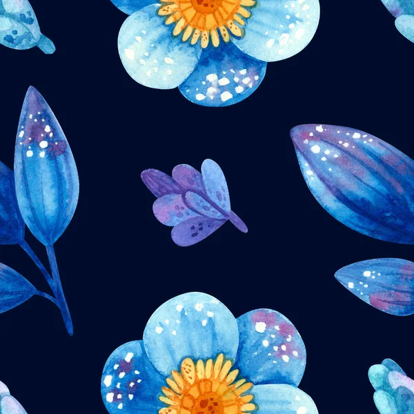 Modèle Sans Couture Avec Des Plantes Bleues Fleurs Feuilles Stylisées — Photo