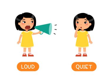 Educational word card with opposites. Antonyms concept, LOUD and QUIET.  Flash card for English studying. Little asian girl screams loudly into megaphone, the child whispers softly.  Flat illustration with typography clipart