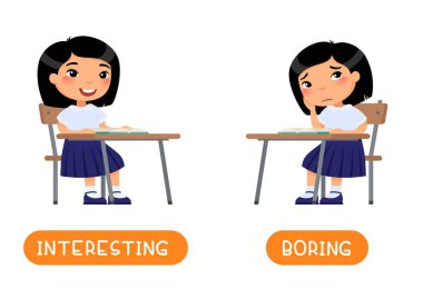 Antonyms konsepti, ilginç ve sıkıcı karşıtları olan eğitici kelime kartı. İngilizce dersi için flaş kart. Küçük Asyalı kız dersi ilgiyle dinliyor, çocuk sıkılmış. Baskı ile düz vektör çizimi