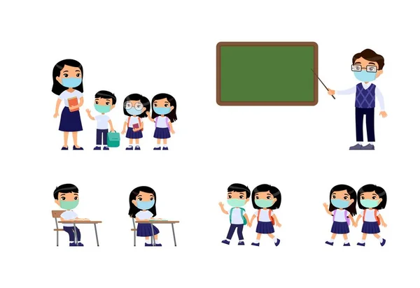 Des Écoliers Asiatiques Des Enseignants Masqués Sur Les Visages Concept — Image vectorielle