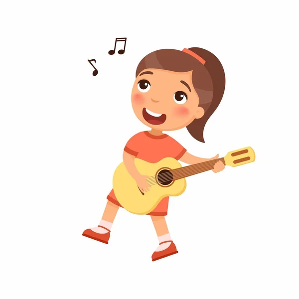 Menina Tocando Guitarra Canto Canção Plana Ilustração Vetorial Jovem Personagem — Vetor de Stock