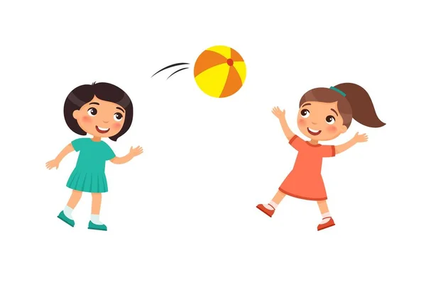 Két Aranyos Kislány Játszik Egy Labdával Gyerekek Játszanak Szabadban Rajzfilmfigurát — Stock Vector