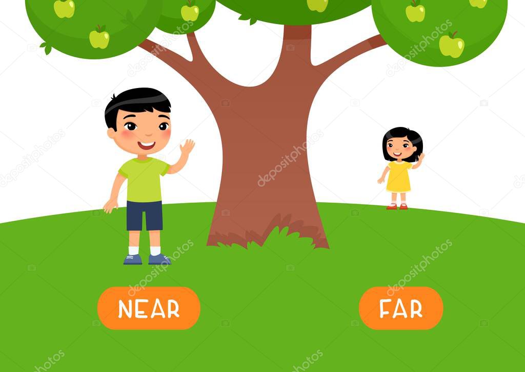 Boy stands NEAR and girl stands FAR. Antonyms word card vector template. Flashcard for english language learning. Opposites concept. 