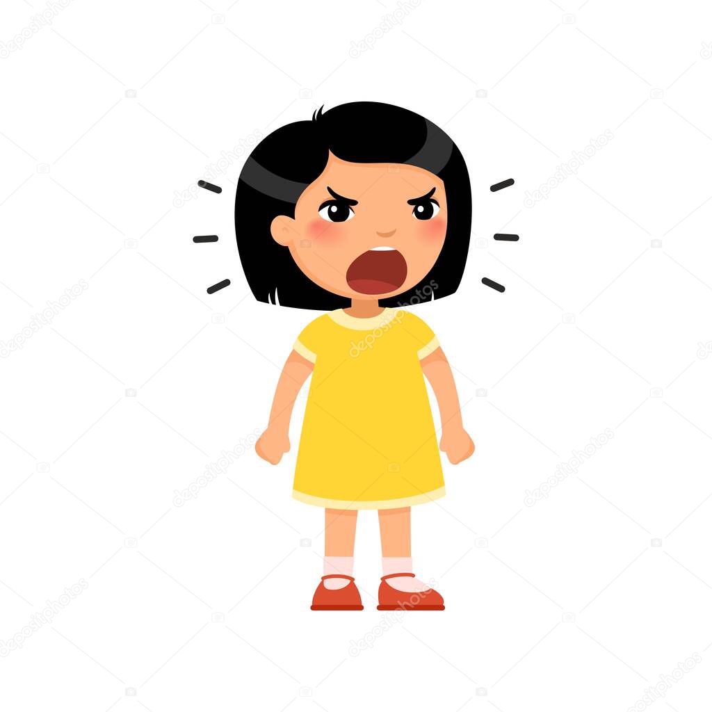 Little asian girl screams out loud, clenching her hands into fists. Angry female child standing cartoon character. Child shows bad behavior. Disorder of the child's psyche. Flat vector illustration, isolated on white background