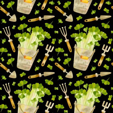 Bahçe aletleri ve içinde turp tohumları olan şirin bir kova. Parlak bahar mahsulleri. Taze mikroçerez, tere salatası. Bahçe sezonu. Elle çizilmiş suluboya desenli. Duvar kağıdı, ambalaj kağıdı tasarımı, tekstil, hatıra defteri, dijital kağıt