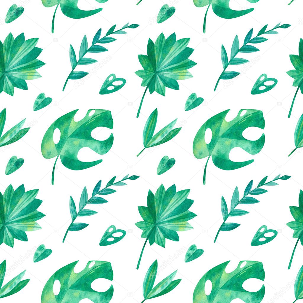 Summer season mood  watercolor seamless pattern.  Exotic jungle, monstera leaves, foliage, plants  flora. Tropical exotic greens watercolor illustration. Wallpaper, wrapping paper design, textile