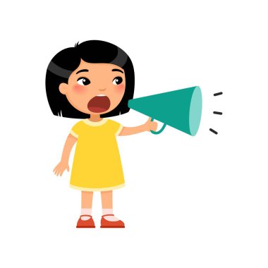 Megafon düz vektör illüstrasyonunda bağıran sevimli Asyalı kız. Sinir bozucu çocuk hoparlörle gürültü yapıyor. Beyaz arka planda izole edilmiş sevimli çocuk megafon çizgi filminde bağırıyor.