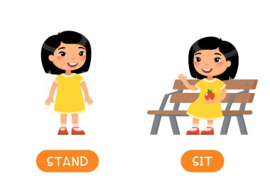 Antonyms concept, STAND and SIT. Educational flash card with little child template. Word card for english language learning with opposites. Happy little asain girl flat vector illustration with typography vector Antonyms concept, STAND and SIT. Educational flash card with little child template. Word card for english language learning with opposites. Happy little asain girl flat vector illustration with typography vector