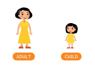 Zıtlıklar, yaş kavramı, ADULT ve ÇOCUK. Yabancı dil eğitimli hafıza kartı şablonu. İngilizce öğrenmek için kelime kartı. Asyalı yetişkin bir kadın ve tipografisi olan küçük bir kız.