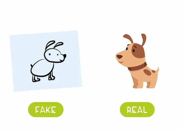 Köpek çizimi ve tipografi ile gerçek bir illüstrasyon. Gerçek ve sahte karşıt anlamlı kelime kart vektör şablonu. Düz karakterli ingilizce öğrenmek için flashcard. Karşıt kavram. 