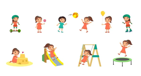 Niña Juega Patio Concepto Entretenimiento Verano Niño Juega Diferentes Juegos — Vector de stock