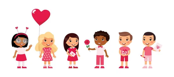 Kleine Jungen Und Mädchen Dating Feiern Valentinstag Flache Vektor Illustration — Stockvektor