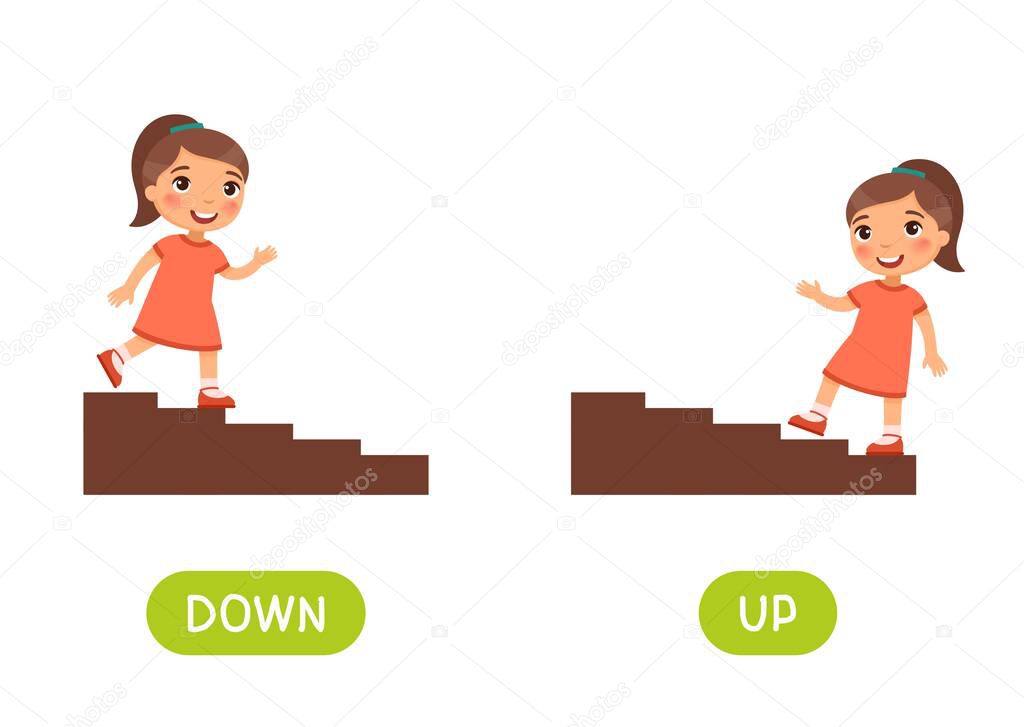 Opposites concept, UP and DOWN. Word card for language learning. Little girl goes up the stairs, goes down.  Flashcard with antonyms for children vector template. Flat illustration with typography.