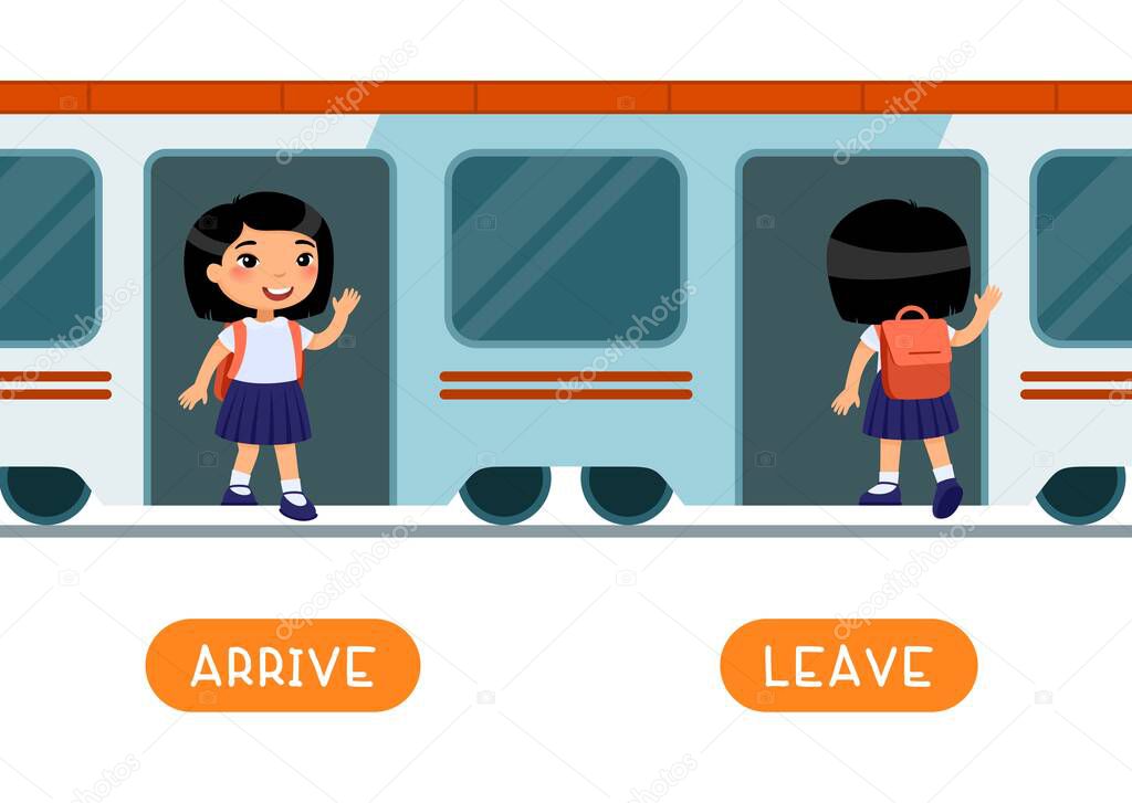 ARRIVE and LEAVE antonyms word card vector template. Flashcard for english language learning. Opposites concept. Schoollgirl getting off train, entering train. Train arrival, departure. Illustration with typograph