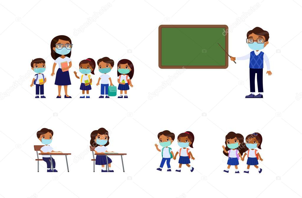 Dark skin schoolchildren and teachers with masks on faces. The concept of back to school, respiratory diseases, allergies. Cartoon character, flat vector illustration set