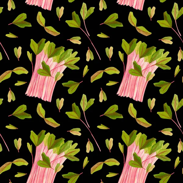 Spring garden leaves of beet seamless pattern. Cartoon greens watercolor illustration. Wallpaper, wrapping paper design, textile, scrapbooking, digital paper.