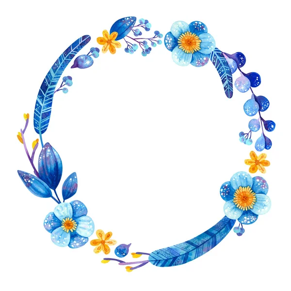 Pusta Okrągła Rama Niebieskimi Żółtymi Roślinami Kosmicznymi Pióra Kwiaty Liście — Zdjęcie stockowe