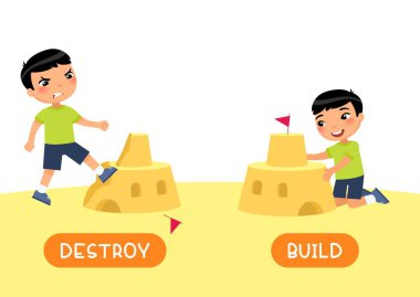 Antonyms kavramı, İnşa ve Yıkım. İngilizce eğitim amaçlı hafıza kartı şablonu. Zıt kutuplu kelime kartı. Küçük Asyalı çocuk tipografiyle kum kalesini inşa ediyor ve yıkıyor.