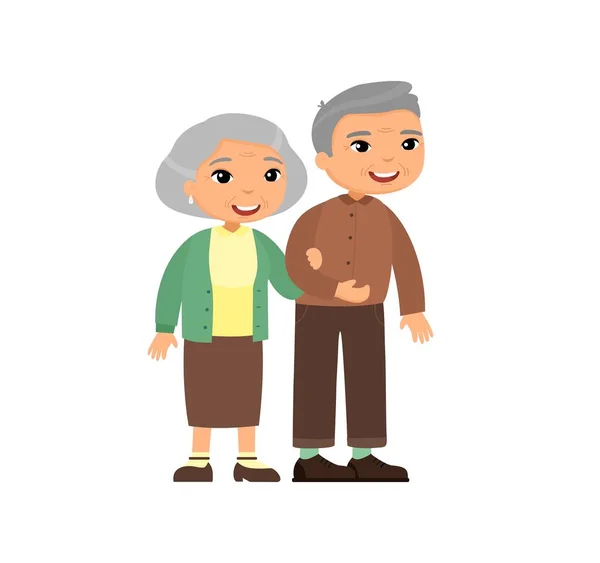 老亚洲夫妇 老夫妇笑着走在一起 老年妇女挽着老年男子的胳膊 幸福的婚姻生活概念 矢量说明 — 图库矢量图片