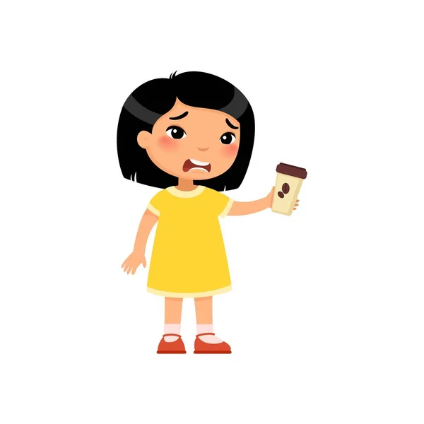 Klein Aziatisch Meisje Met Afhaalkoffie Platte Vector Illustratie Schattig Kind — Stockvector