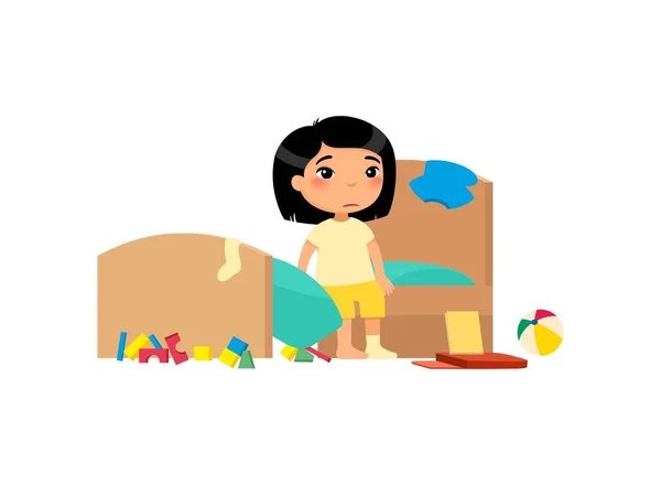 Rozrušené Dítě Nepořádné Ložnici Ploché Vektorové Ilustrace Malá Asijská Dívka — Stockový vektor