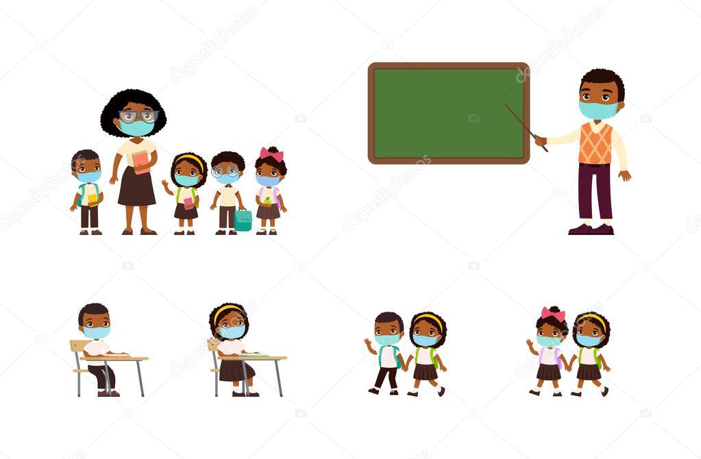 African schoolchildren and teachers with masks on faces. The concept of back to school, respiratory diseases, allergies. Cartoon character, flat vector illustration set.