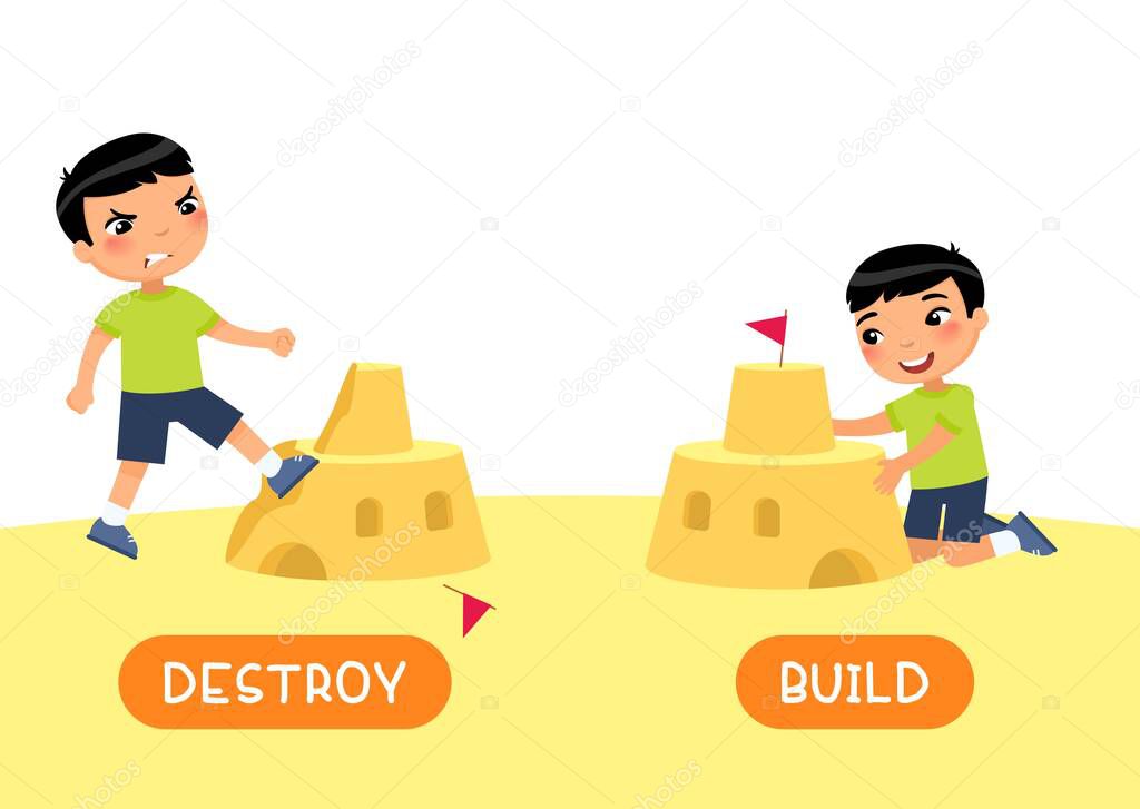 Antonyms concept, BUILD and DESTROY. English language educational flash card vector template. Word card with opposites. Little asian boy constructing and ruining sand castle flat illustration with typography