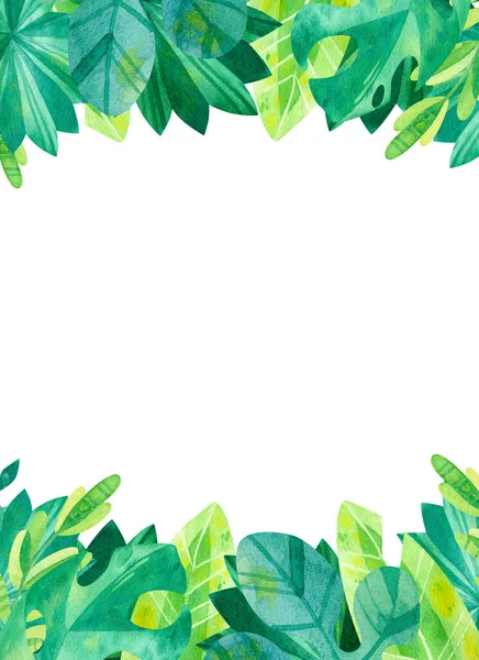 Empty vertical frame with jungle  leaves hand drawn illustration. Tropical exotic leaves border watercolor drawing.  Blank  frame with greens isolated on white background