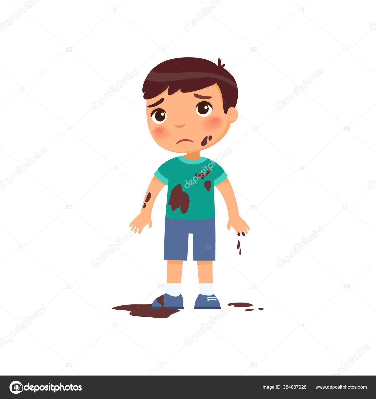 悲しい汚い少年フラットベクトルカラーイラスト 泥の中で不幸な白人の幼児 悪い子の行動だ 整頓されていない  白い背景に隔離された暗い髪の漫画のキャラクターを持つぽっちゃりの子供 ストックベクター ©ValinMalin 384837928, image size:1600x1700