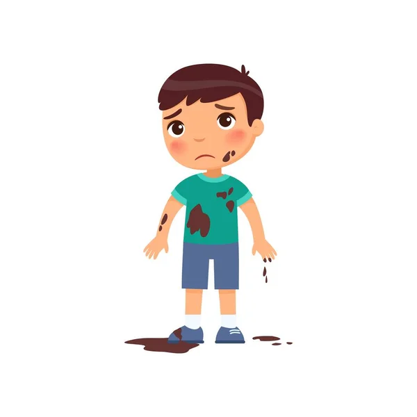 Sad Dirty Boy Flat Vector Color Illustration Unhappy Caucasian Toddler — Stock Vector