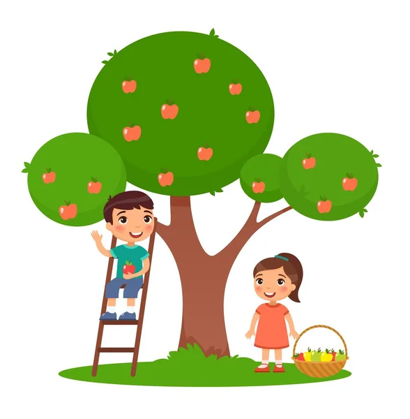 Los Niños Recogiendo Manzanas Ilustración Vector Plano Color Niño Niña — Vector de stock