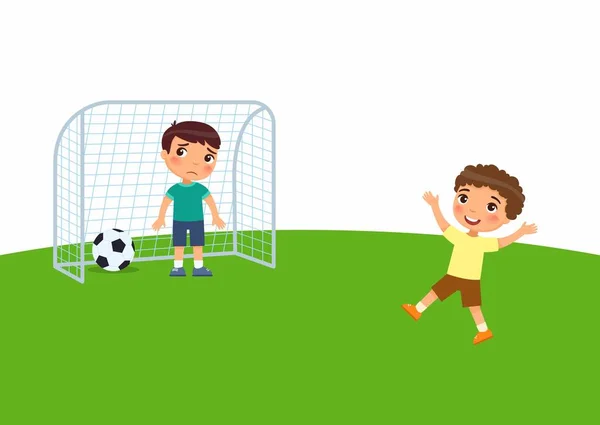 Küçük Çocuk Futbol Düz Vektör Illüstrasyonu Oynuyorlar Çocuk Bir Gol — Stok Vektör