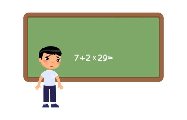 亚洲小男孩无法解决学校董事会中的难题 可悲的学童平面矢量插图 小孩不知道数学问题的答案 — 图库矢量图片