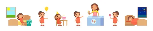 Egy Kislány Születésnapja Fogalom Gyerekszabadságról Zsebpénz Örömteli Gyermek Ajándékot Kap — Stock Vector