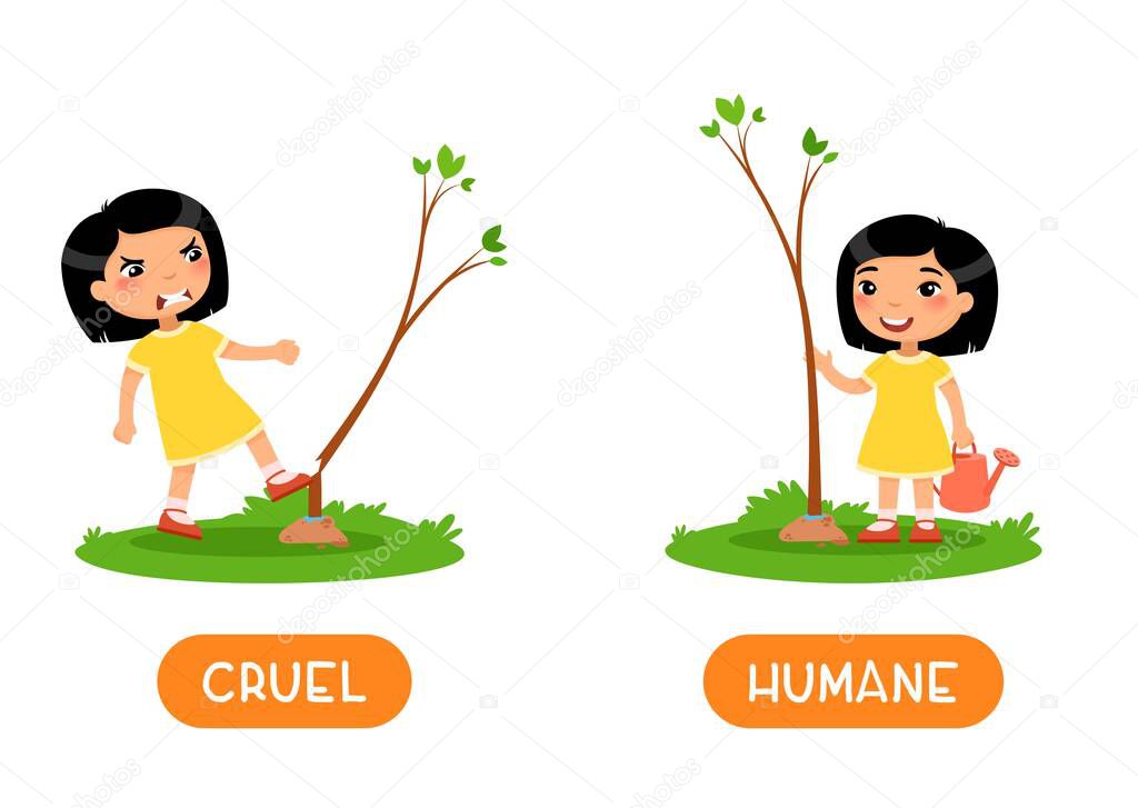 Antonyms concept GOOD and BAD. Kids flash card with opposites vector template. Word card for english learning with little girl. Asian girl planting and breaking tree flat illustration with typography