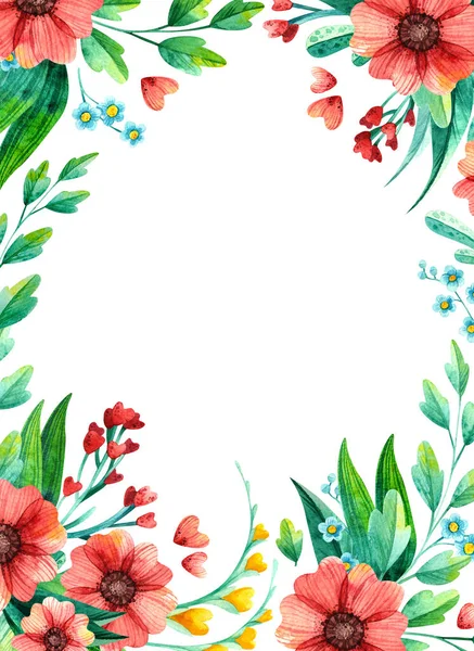 Leeg Frame Met Heldere Lentebloemen Met Hand Getekend Illustratie Botanische — Stockfoto