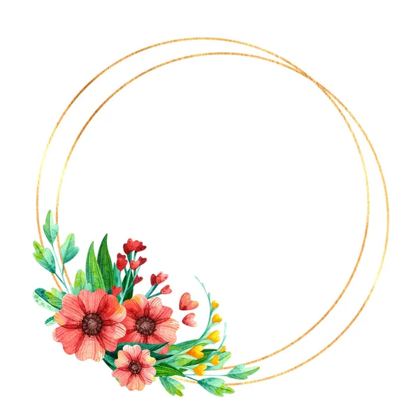 Pusta Złota Okrągła Ramka Jasnymi Wiosennymi Kwiatami Ilustracja Kompozycji Botanicznej — Zdjęcie stockowe