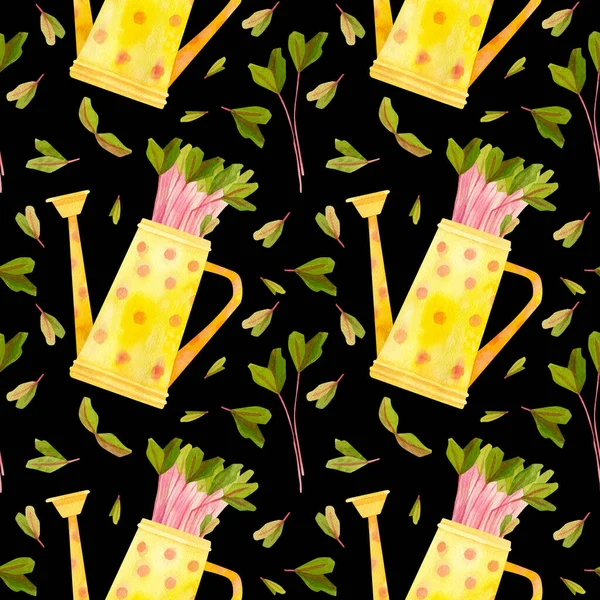 黄色の散水はビートの苗で行うことができます 多色の春の作物 新鮮なマイクログリーン クレスサラダ 庭の季節 手描き水彩シームレスパターン 包装紙のデザイン スクラップブッキング デジタルペーパー — ストック写真
