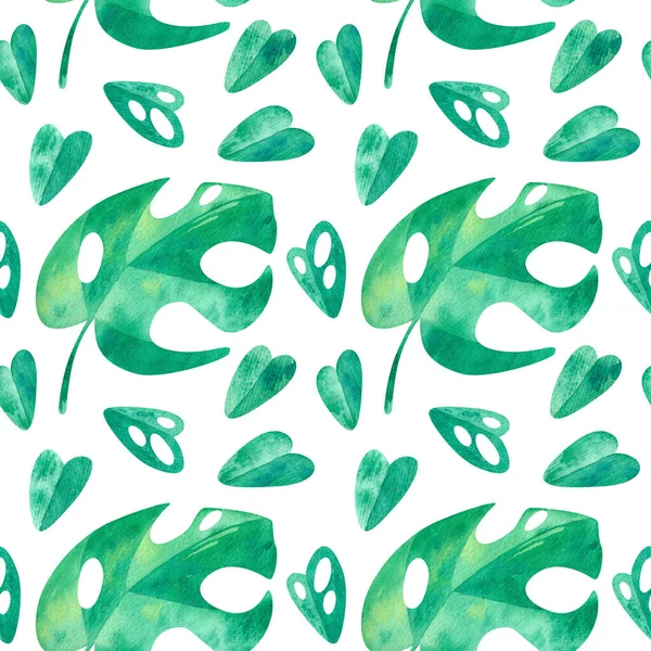 夏の気分シームレスなパターン エキゾチックなジャングル モンスターの葉 植物の植物 熱帯エキゾチックな緑の水彩イラスト 包装紙のデザイン スクラップブッキング — ストック写真