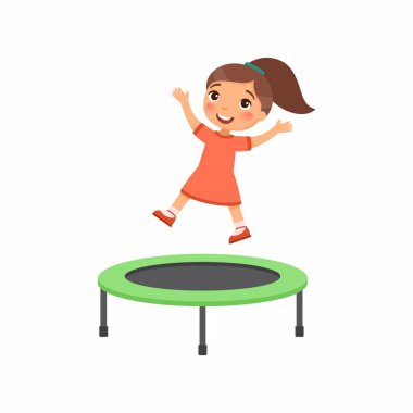 Trambolinde zıplayan küçük kız düz vektör çizimi. Mutlu sportif çocuk eğleniyor, oynuyor. Çocukluk çağındaki neşeli çocuklar oyundan zevk alıyor, çocukluk aktiviteleri. Beyaz üzerine izole çizgi film karakteri