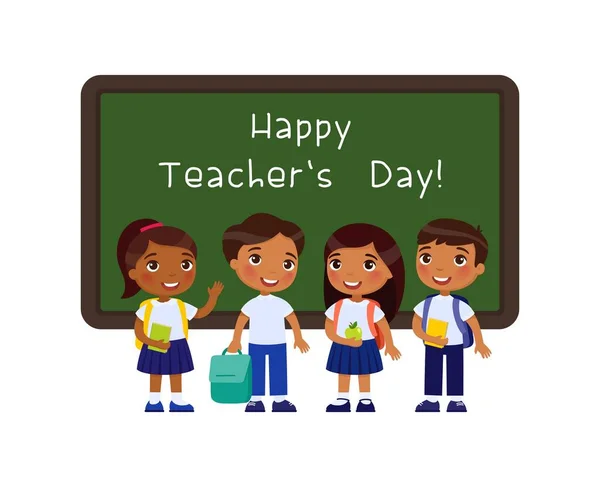Joyeuse Journée Des Enseignants Saluant Illustration Vectorielle Plate Des Écoliers — Image vectorielle